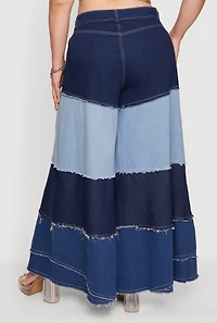 Plus Frayed Trim Color Blocked Wide Leg Jeans