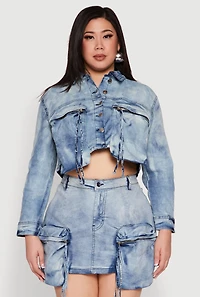 Womens Plus Size Spoon Jeans Cargo Pocket Denim Jacket, Blue, Size 1X