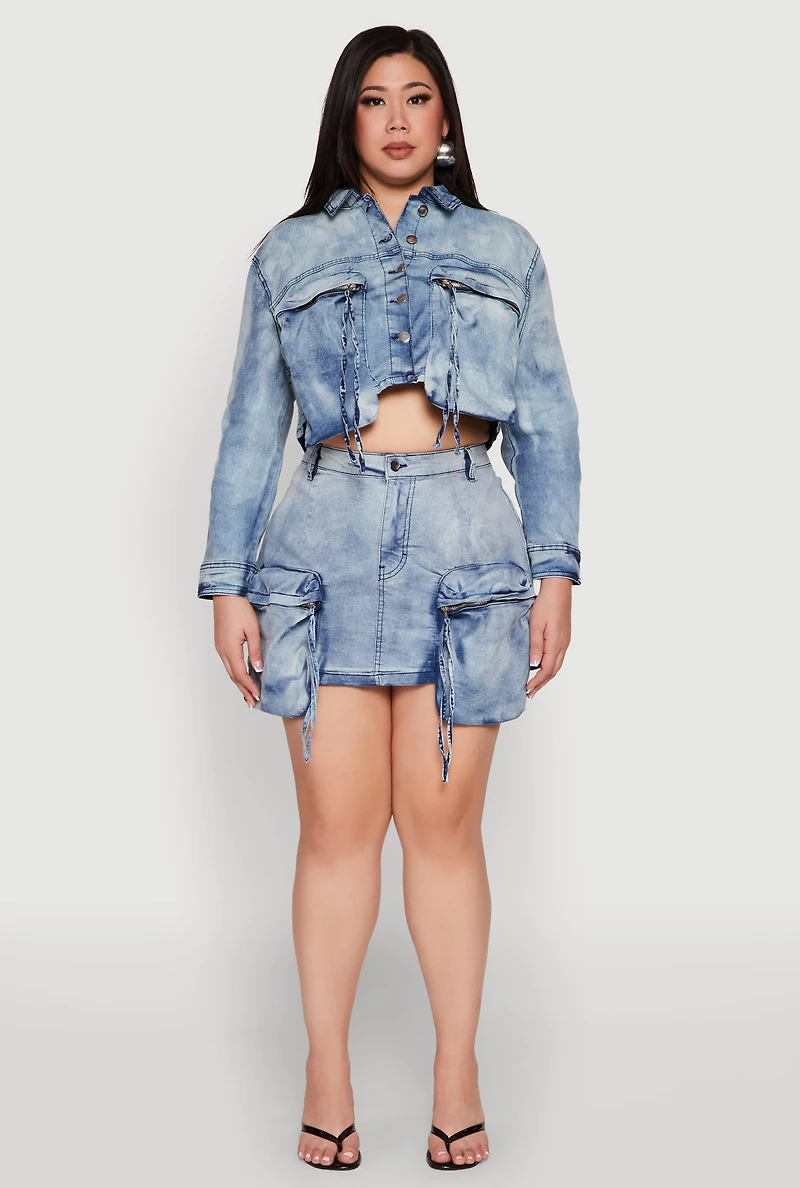 Womens Plus Size Spoon Jeans Cargo Pocket Denim Jacket, Blue, Size 1X
