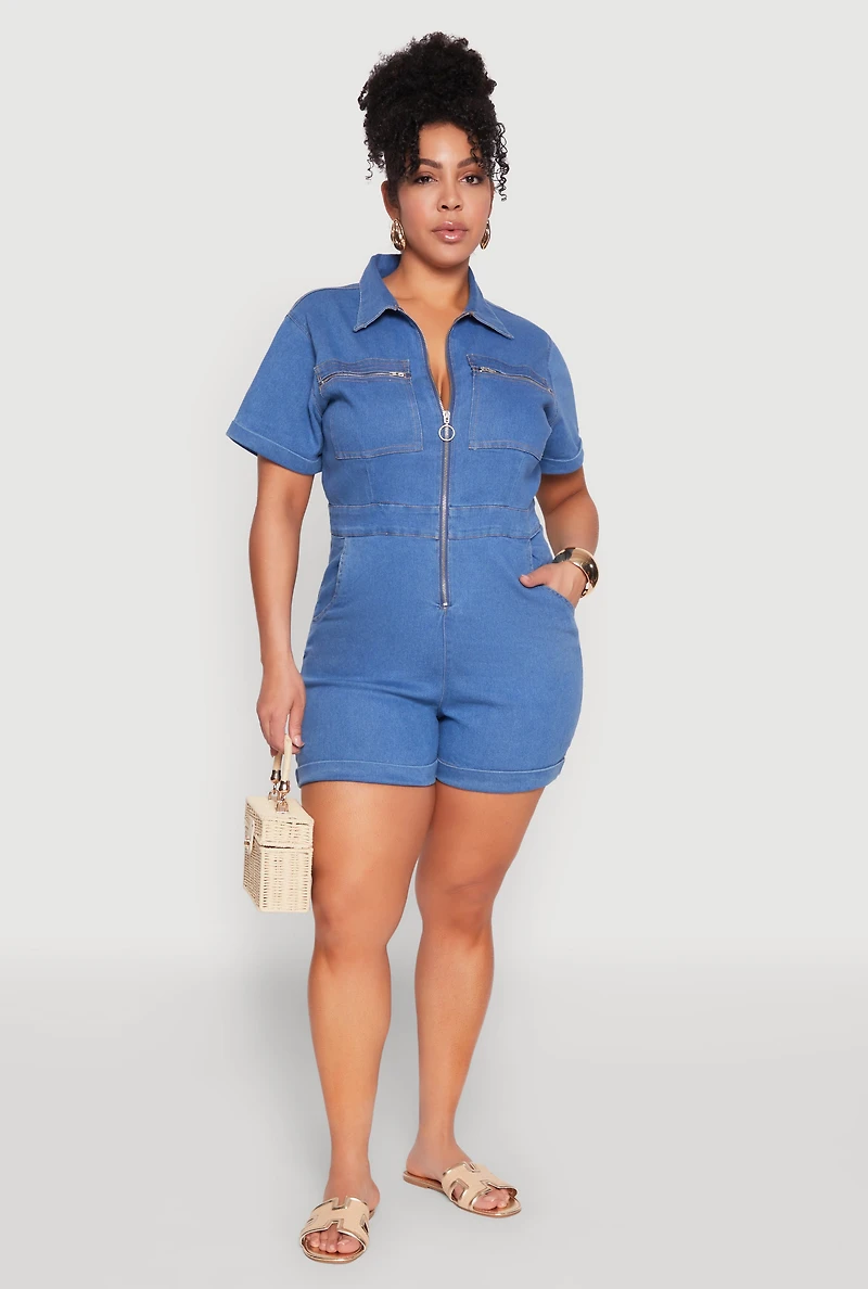 Plus Denim Zip Front Romper