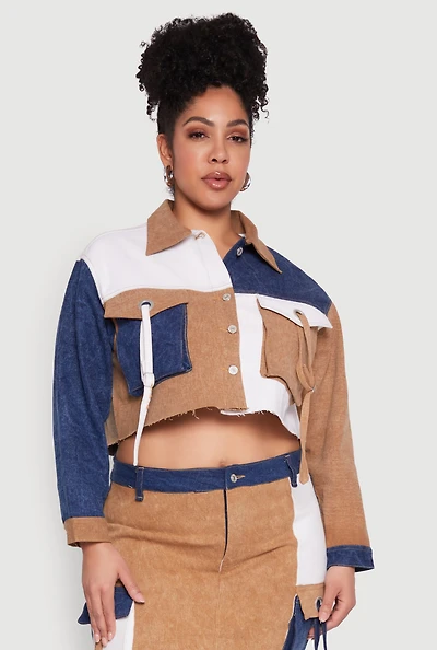 Womens Plus Size Color Blocked Jean Jacket, Multi, Size 1X