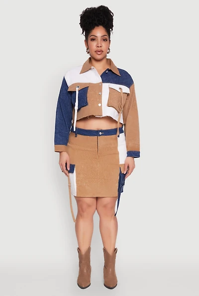 Womens Plus Size Color Block Denim Skirt, Multi, Size 3X