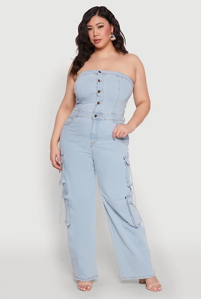 Womens Plus Size Daisy Strapless Denim Cargo Jumpsuit, Blue, Size 3X