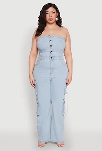 Womens Plus Daisy Strapless Denim Cargo Jumpsuit, Blue,