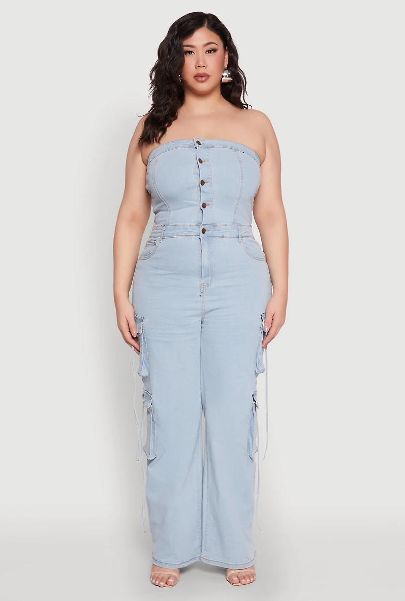 Womens Plus Size Daisy Strapless Denim Cargo Jumpsuit, Blue, Size 2X