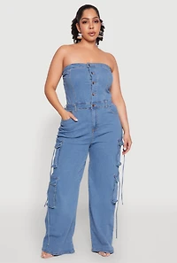 Plus Daisy Strapless Denim Cargo Jumpsuit