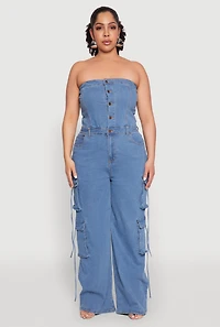Womens Plus Daisy Strapless Denim Cargo Jumpsuit, Blue,