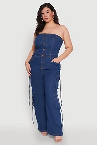 Womens Plus Daisy Strapless Denim Cargo Jumpsuit, Blue,