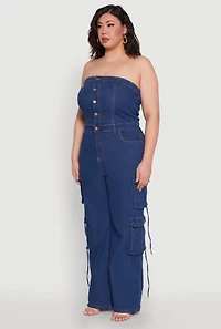 Womens Plus Daisy Strapless Denim Cargo Jumpsuit, Blue,