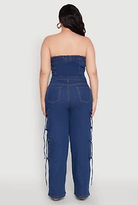 Womens Plus Daisy Strapless Denim Cargo Jumpsuit, Blue,