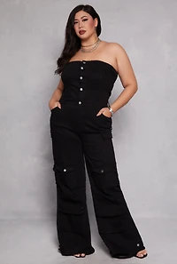 Plus Daisy Denim Strapless Cargo Jumpsuit