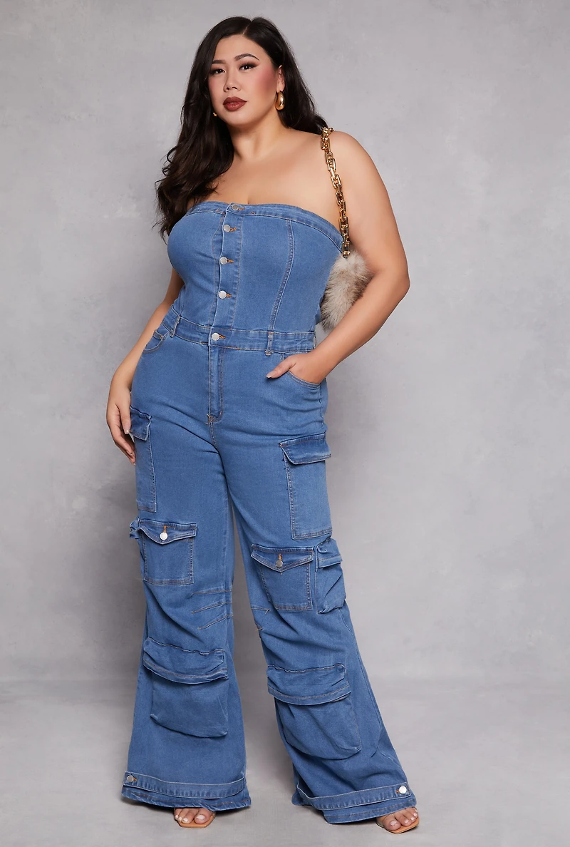 Plus Daisy Denim Strapless Cargo Jumpsuit