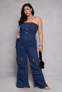 Plus Daisy Denim Strapless Cargo Jumpsuit