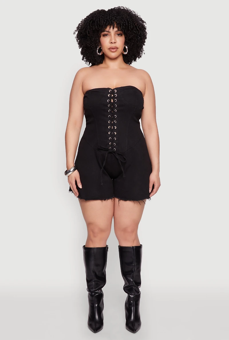 Plus Daisy Strapless Lace Up Denim Romper