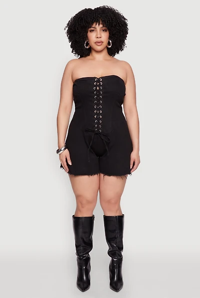 Plus Daisy Strapless Lace Up Denim Romper