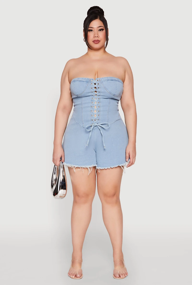 Womens Plus Size Daisy Strapless Lace Up Denim Romper, Blue, Size 3X