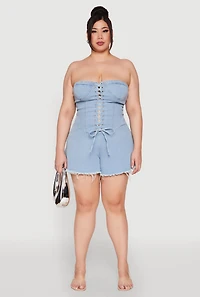 Womens Plus Size Daisy Strapless Lace Up Denim Romper, Blue, Size 3X