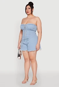 Womens Plus Size Daisy Strapless Lace Up Denim Romper, Blue, Size 3X