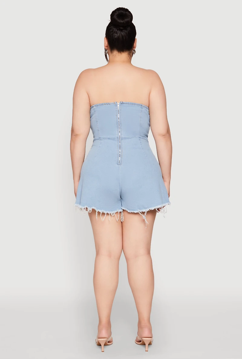 Womens Plus Size Daisy Strapless Lace Up Denim Romper, Blue, Size 3X