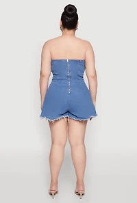 Womens Plus Size Daisy Strapless Lace Up Denim Romper, Blue, Size 1X