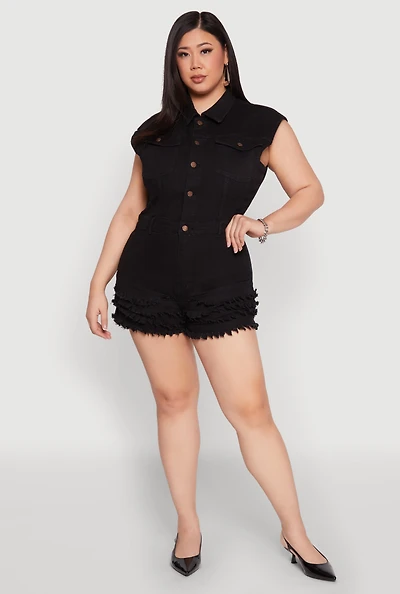 Plus Daisy Frayed Tiered Hem Denim Romper