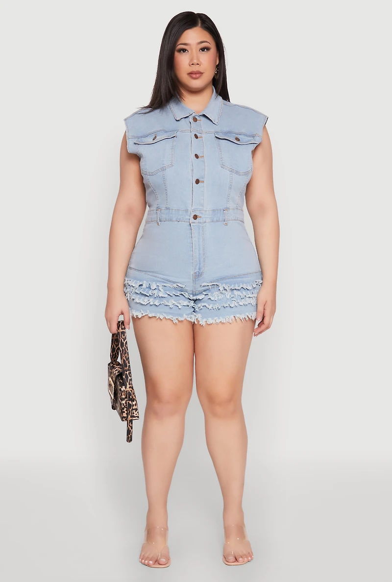 Womens Plus Size Daisy Frayed Tiered Hem Denim Romper, Blue, Size 2X