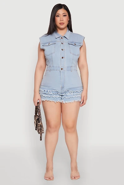 Womens Plus Size Daisy Frayed Tiered Hem Denim Romper, Blue, Size 2X