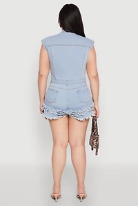Womens Plus Size Daisy Frayed Tiered Hem Denim Romper, Blue, Size 2X