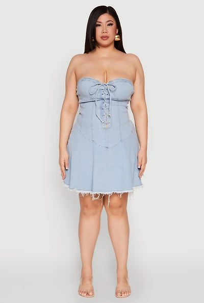 Womens Plus Daisy Denim Lace Up Corset Dress, Blue,
