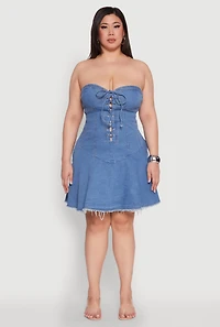 Womens Plus Size Daisy Denim Lace Up Corset Dress, Blue, Size 3X
