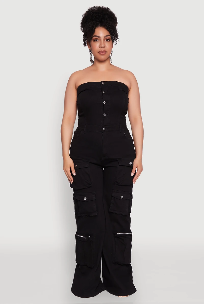 Womens Plus Daisy Strapless Cargo Denim Jumpsuit, 2X