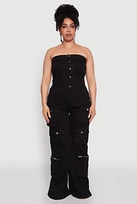 Womens Plus Daisy Strapless Cargo Denim Jumpsuit, 2X