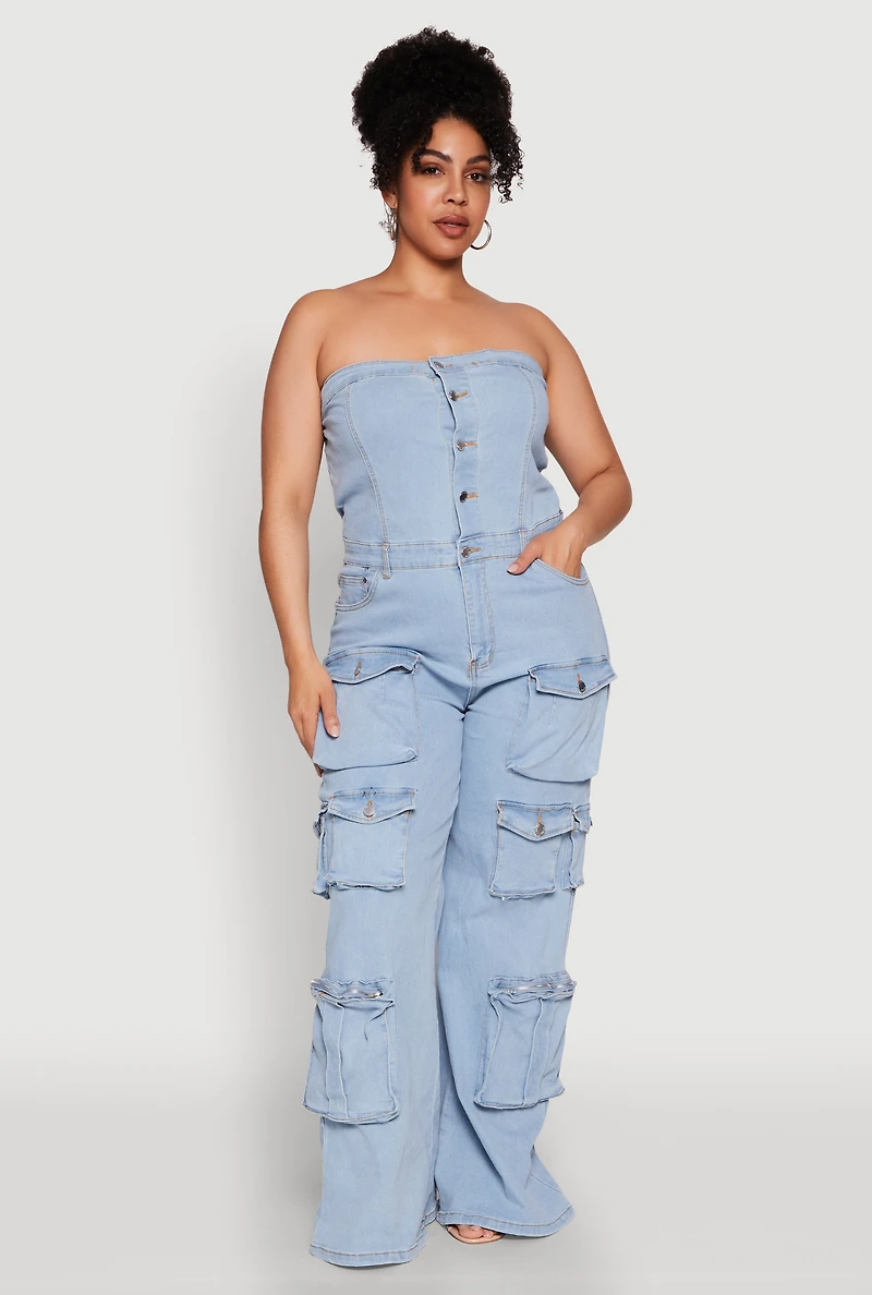 Womens Plus Size Daisy Strapless Cargo Denim Jumpsuit, Blue, Size 2X