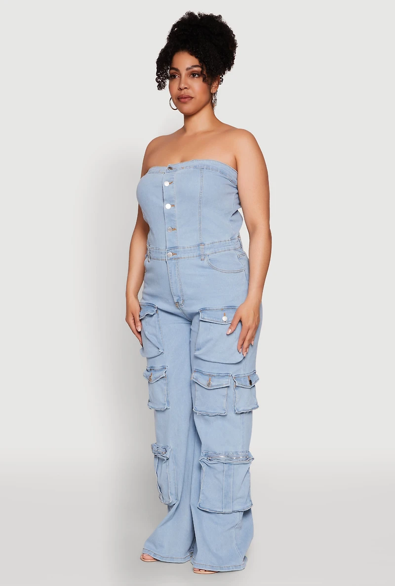 Womens Plus Size Daisy Strapless Cargo Denim Jumpsuit, Blue, Size 2X