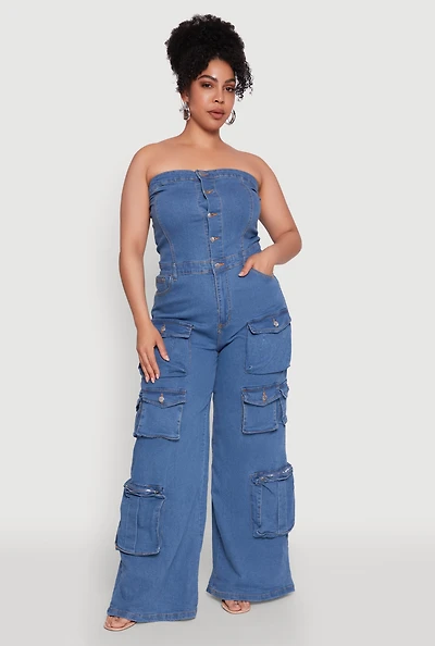 Womens Plus Size Daisy Strapless Cargo Denim Jumpsuit, Blue, Size 3X