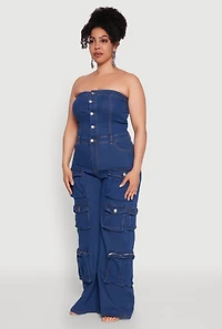Womens Plus Size Daisy Strapless Cargo Denim Jumpsuit, Blue, Size 1X
