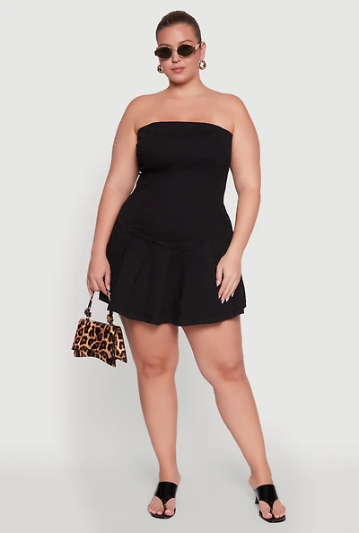 Womens Plus Size Daisy Denim Strapless Skort Romper with Zip Back, Black, Size 3X