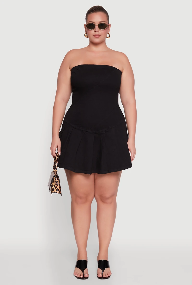 Womens Plus Daisy Denim Strapless Skort Romper with Zip Back,