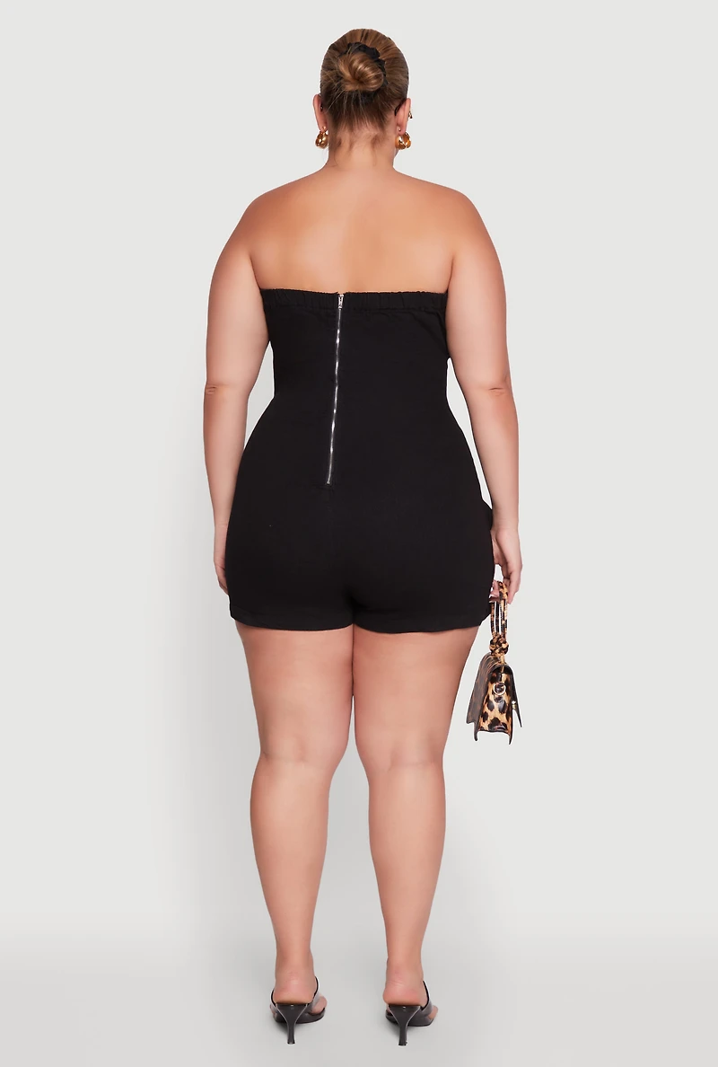 Womens Plus Daisy Denim Strapless Skort Romper with Zip Back,