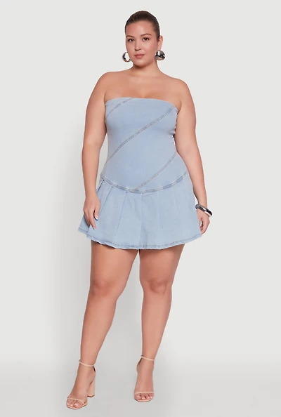 Womens Plus Size Daisy Denim Strapless Skort Romper with Zip Back, Blue, Size 2X