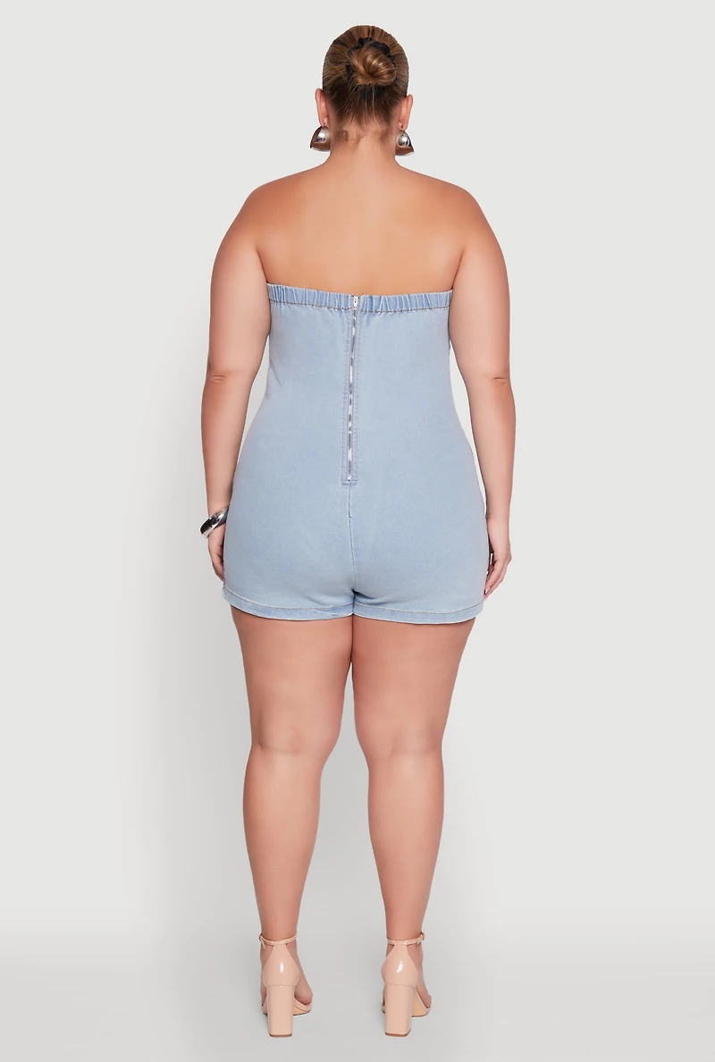 Womens Plus Size Daisy Denim Strapless Skort Romper with Zip Back, Blue, Size 2X