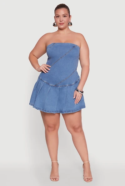 Womens Plus Size Daisy Denim Strapless Skort Romper with Zip Back, Blue, Size 3X