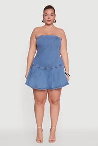 Womens Plus Size Daisy Denim Strapless Skort Romper with Zip Back, Blue, Size 3X
