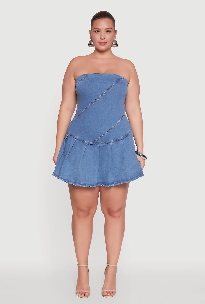 Womens Plus Size Daisy Denim Strapless Skort Romper with Zip Back, Blue, Size 3X