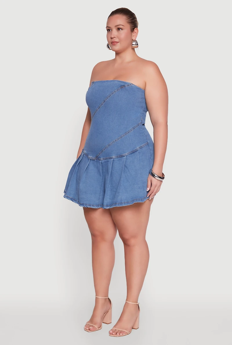 Womens Plus Size Daisy Denim Strapless Skort Romper with Zip Back, Blue, Size 3X