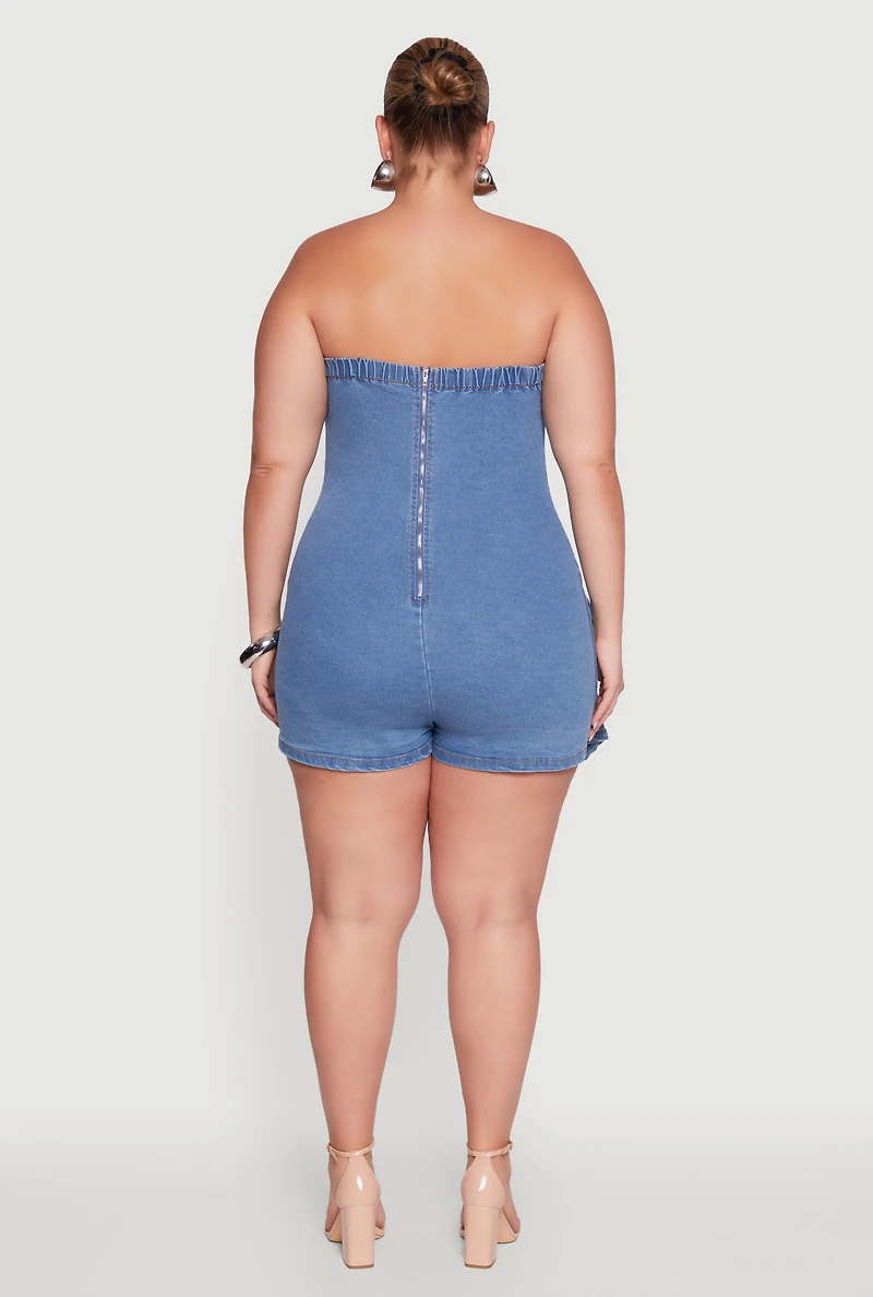 Womens Plus Size Daisy Denim Strapless Skort Romper with Zip Back, Blue, Size 3X