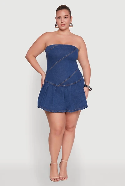 Womens Plus Size Daisy Denim Strapless Skort Romper with Zip Back, Blue, Size 3X