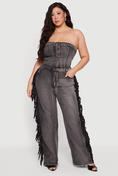 Plus Side Fringe Strapless Denim Jumpsuit