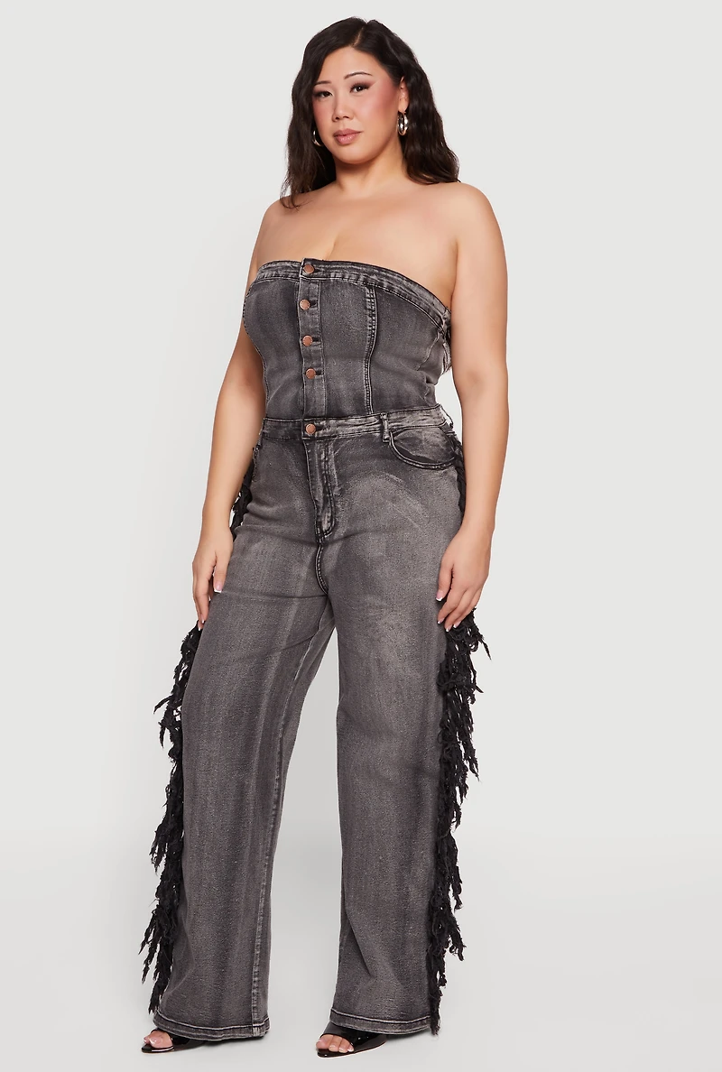 Plus Side Fringe Strapless Denim Jumpsuit