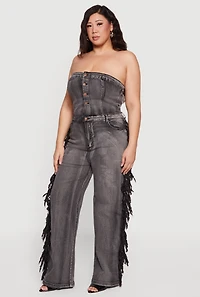 Plus Side Fringe Strapless Denim Jumpsuit